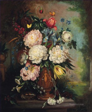 彫刻が施された花瓶のバラ 牡丹 アイリス チューリップ カーネーション ヒルガオと株 ヤン・ファン・ホイスム Oil Paintings